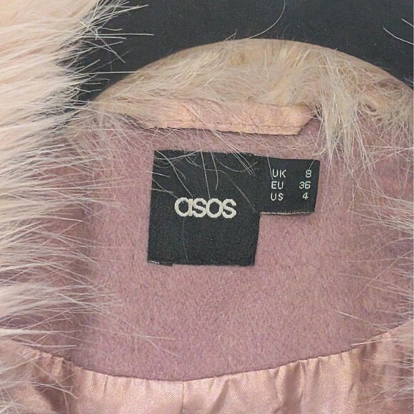 Asos Mauve Pink Collar Jacket Coat Peacoat W/ Faux Fur Size 4 US 8 UK Wool Blend - Picture 3 of 14
